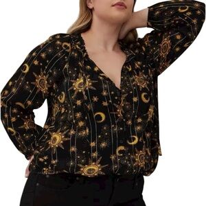 TORRID Celestial Peasant Blouse Crinkle Gauze Tie Neck Sun Moon Black Gold 3X